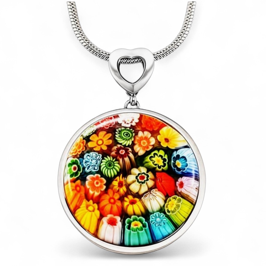 Italian Murano Millefiori Glass Multicolored Flowers Pendant Box Chain Necklace